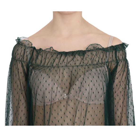PINK MEMORIES Polka Dot Mesh OffShoulder Top Women Green Tops & T-Shirts - Picture 5 of 5